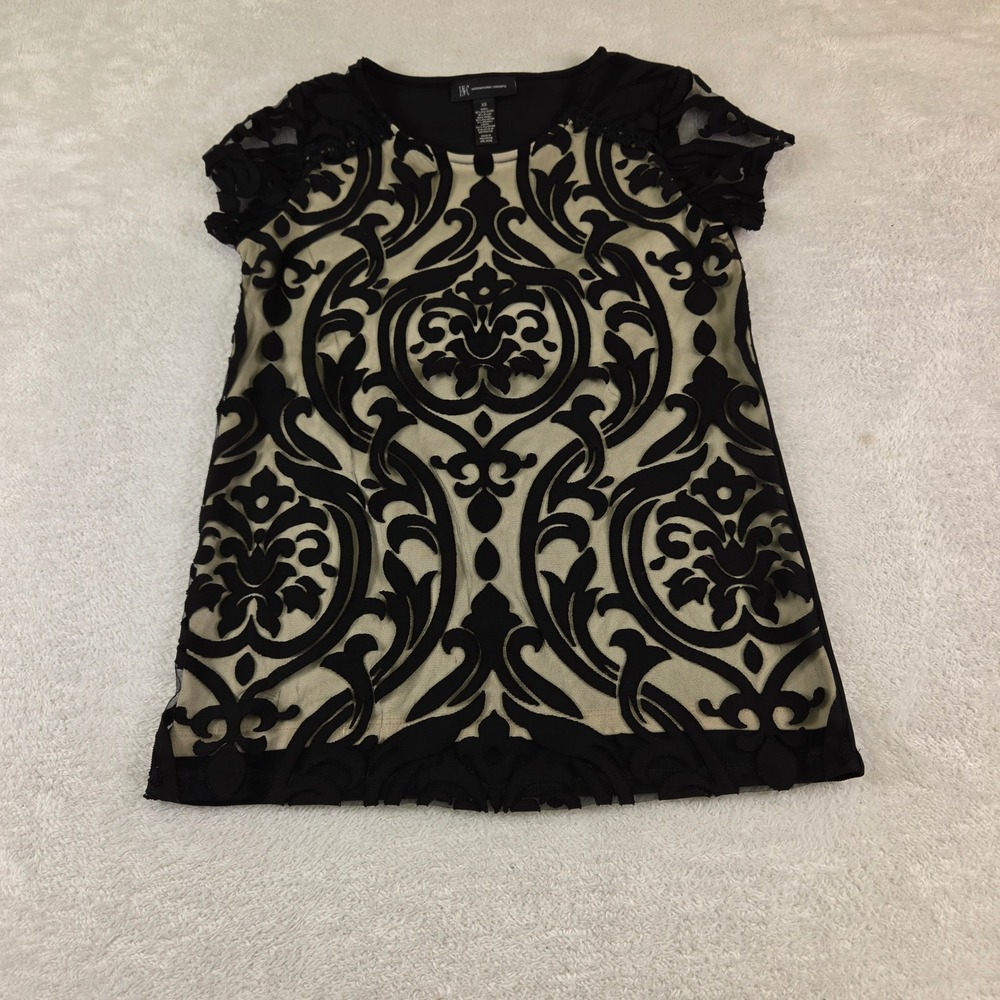 INC International Concepts Womens XS Black Flocked Damask Mesh Top Short Sleeve - Picture 1 of 8